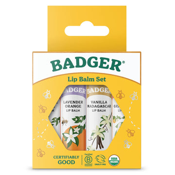 Badger - Classic Lip Balm Gold Box With Aloe, Extra Virgin Olive Oil, Beeswax & Essential Oils, Lip Balm Variety Pack, Certified Organic, 0.15 Oz (4 Pack)