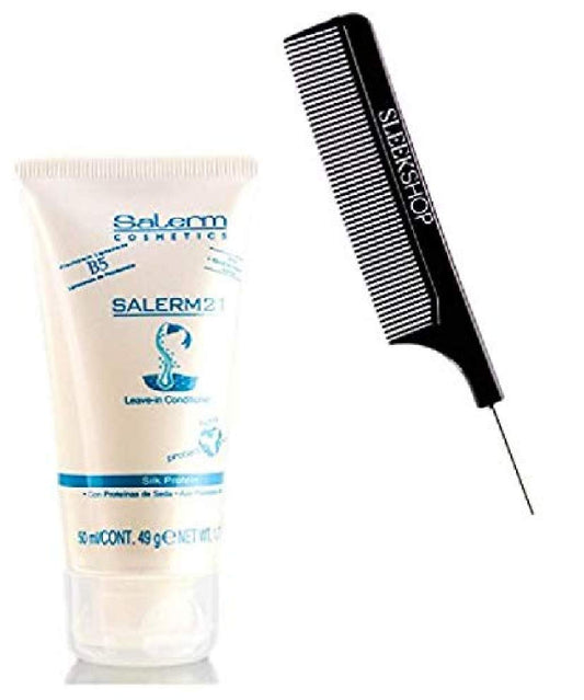Salerm Cosmetics 21 Leave-In Conditioner, B5 Provitamin Lipsomes & Silk Protein (With Sleek Steel Pin Tail Comb) Salerm 21 Leavein Leave In Conditioner Hair Cream (1.73 Oz - Mini Travel Size)