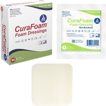 Dynarex 3012 Curafoam Foam Dressing, Non-Bordered, Sterile, Provides Cushioned And Moist Wound Care, 4" X 4.25", Pack Of 10