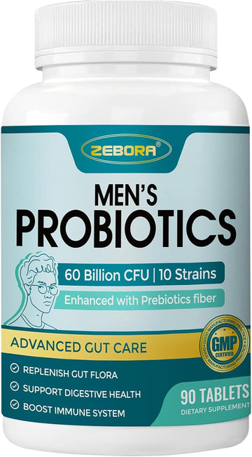 Probiotics For Men, Probiotics And Prebiotics For Digestive Health, 90 Tablets, 60 Billion Cfus For Immune And Gut Health, 10 Strains, Hypoallergenic Probiotics, Shelf Stable, Gluten & Soy Free