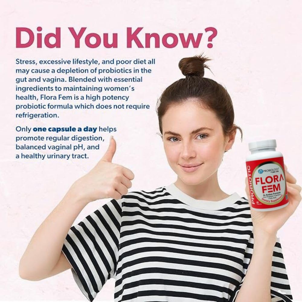 Belle+Bella Probiology Flora Fem - Daily Probiotics For Women - 4X Action Prebiotic + Probiotic + Cranberry + Folic Acid For Digestive, Urinary Tract, Reproductive & Vaginal Health - 60 Caps : Health & Household