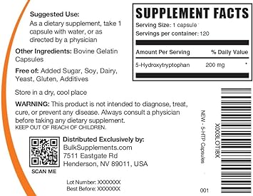 BULKSUPPLEMENTS.COM 5-HTP 200mg - 5-Hydroxytryptophan, 5 HTP Supplement, 5-HTP Capsules - HTP5 Supplement, Griffonia Seed Extract - Mood Support Supplement, 1 Capsule per Serving, 120 Capsules
