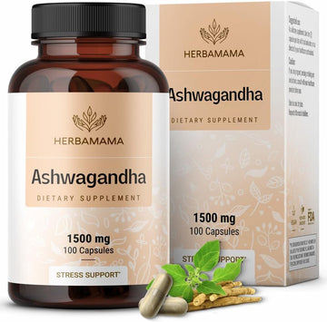 Herbamama Ashwagandha Root Capsules - 1500 Mg Ashwagandha Extra Strength Focus Supplement - Calming Supplements For Adults - Vegan, Non-Gmo - 100 Caps