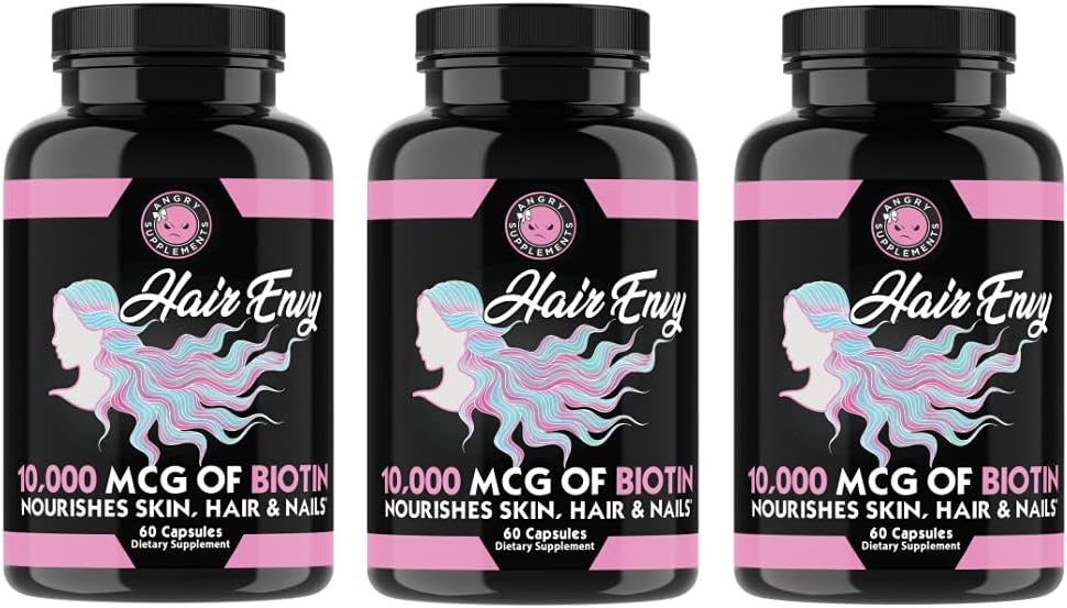 Angry Supplements Hair Envy 10,000 Mcg Biotin + Keratin Capsules, Grow Hydrate Hair, Strengthen Thicken Nails, Clear Skin – Natural Remedy For Damaged Thinning Hair, (1-Bottle, 60Ct)