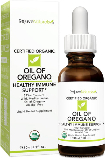 RejuveNaturals Oil of Oregano, USDA Organic - 1 fl oz (30ml Liquid) Wild, Mediterranean Oregano Oil. Concentrated Immune Support Drops. Gluten Free, Vegan & Non-GMO. Min 77% Carvacrol