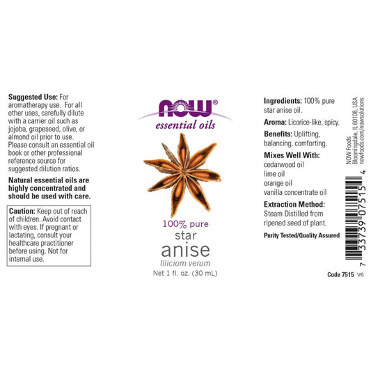Now Essential Oils, Anise Oil, Balancing Aromatherapy Scent, Steam Distilled, 100% Pure, Vegan, Child Resistant Cap, 1-Ounce
