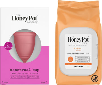 The Honey Pot Company - Size 1 Menstrual Cup - 12 Hour Reusable Protection For Periods & Normal Wipes Bundle, 30 Ct - Daily Ph Balancing, Fragrance & Sulfate Free For Intimate Parts, Body, Or Face