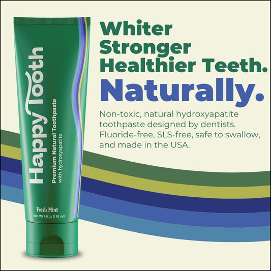 Happy Tooth Natural Hydroxyapatite Toothpaste - Fluoride Free, Sls Free - Whitening For Sensitive Teeth - Natural Ingredients - Dentist Formulated & Recommended - Adults & Kids - Fresh Mint 4 Oz