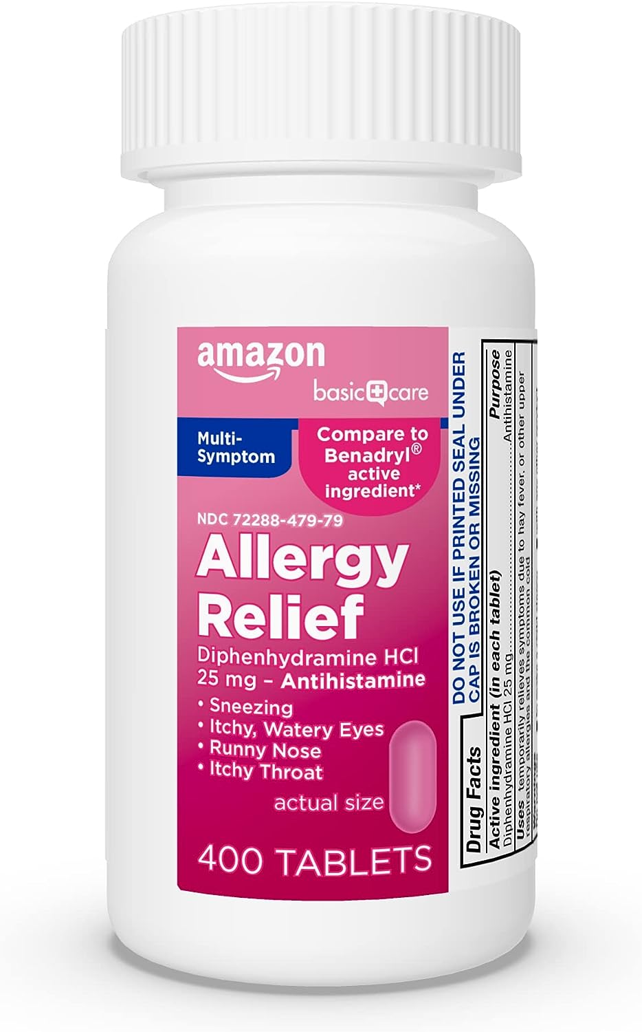 Amazon Basic Care Allergy Relief Diphenhydramine Hcl 25 Mg, Antihistamine Tablets For Symptoms Due To Hay Fever And Upper Respiratory Allergies, 100 Count
