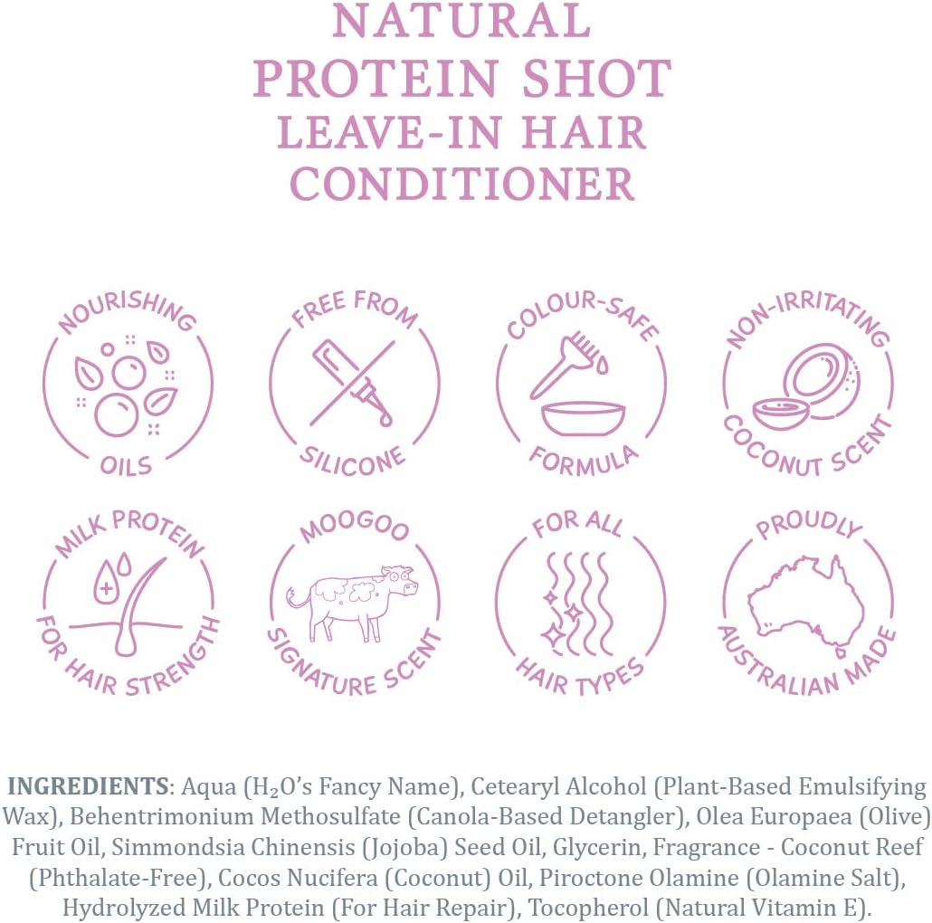 MooGoo Protein Shot Leave-In Conditioner - Hydrates & Protects Hair Ends, Silicone-Free, Natural Formula, Non-Irritating, Moisturising Hair Treatment, Detangler for Dry, Frizzy Hair, 120g / 4.2oz. : Amazon.co.uk: Beauty