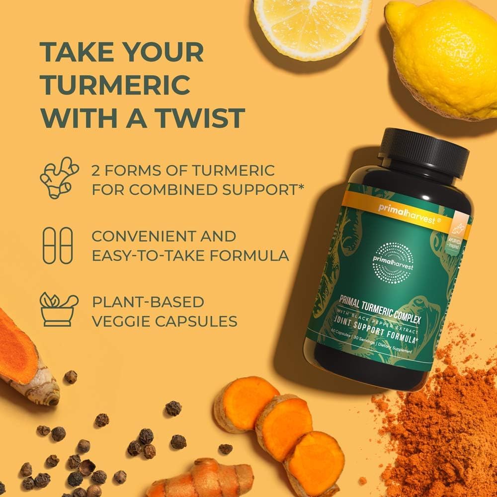 Primal Harvest 2 Pack, Primal Turmeric Complex w/Black Pepper Extract, Joint and Mobility Support Supplement for Women & Men, 120 Capsules : Health & Household