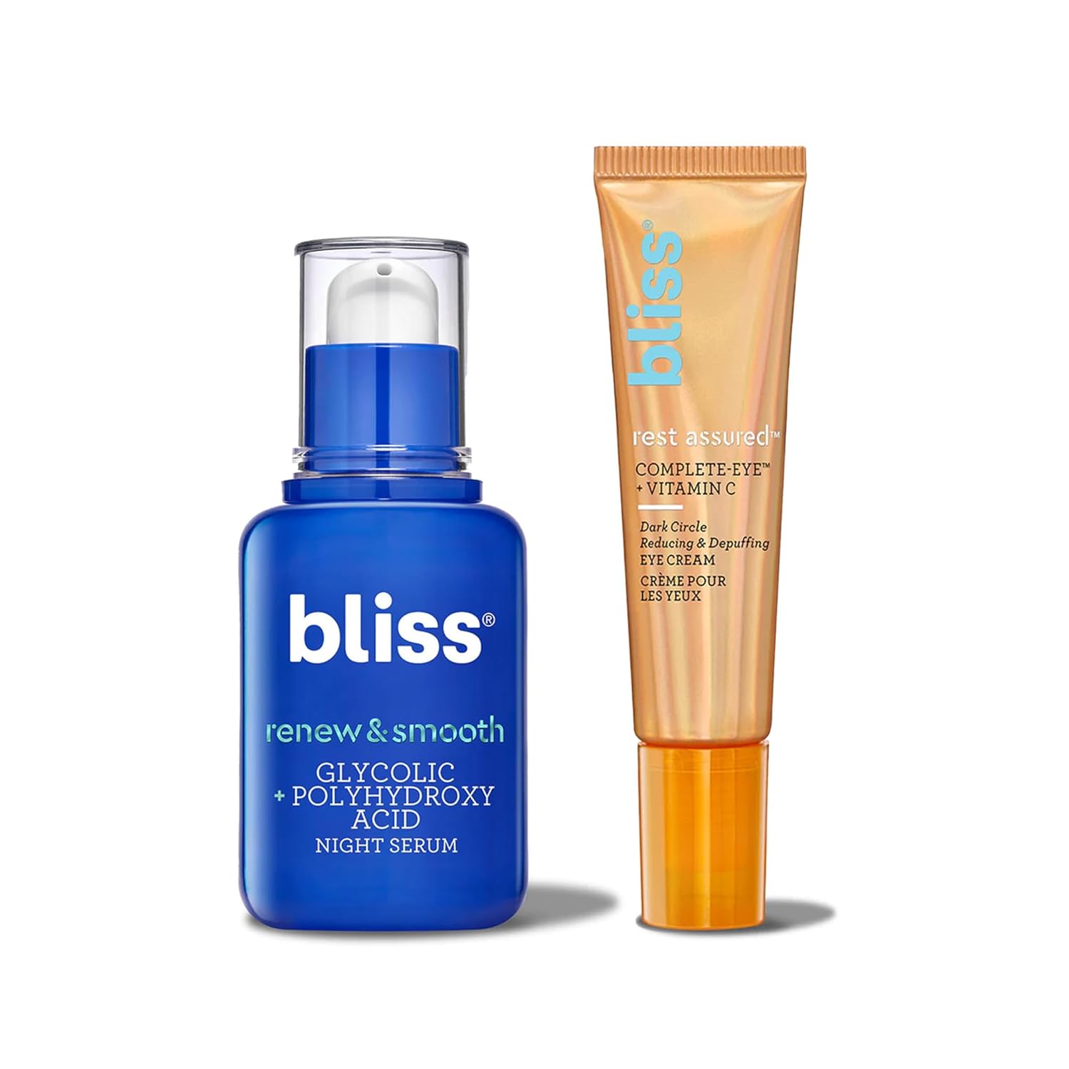 Bliss Renew & Smooth Night Face Serum- Aha Glycolic + Polyhydroxy Acid +Bliss Rest Assured ™ Eye Cream With Vitamin C & Caffeine