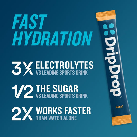 Dripdrop Hydration - Tropical Variety Pack - Electrolyte Drink Mix Single Serve Hydration Powder Packets - Mango, Açaí, Passion Fruit, Piña Colada | Non-Gmo, Gluten Free, Vegan | 32 Sticks