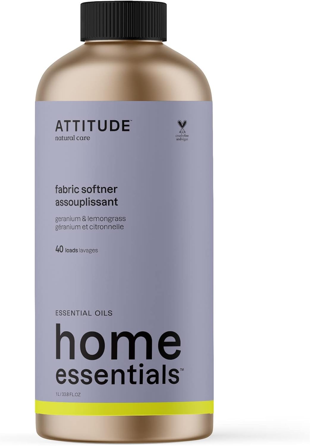 ATTITUDE Fabric Softener with Essential Oils, Vegan, Plant and Mineral-Based Ingredients, HE, Refillable Aluminum Bottle, 40 Loads, Geranium and Lemongrass, 33.8 Fl Oz