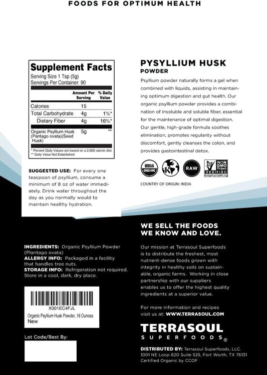 Terrasoul Superfoods Organic Psyllium Husk Powder, 1 Lb - Superfine Texture | High Purity | Keto Baking