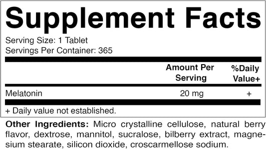 Vitamatic Melatonin 20mg Tablets | Vegetarian, Non-GMO, Gluten Free | 1 Year Supply | Natural Berry Flavor - 365 Tablets