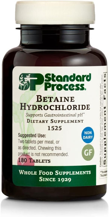 Standard Process Betaine Hydrochloride - Whole Food Gi And Digestive Health Supplement With Magnesium Citrate, Betaine Hcl, Ammonium Chloride, Pepsin, And More - 180 Tablets