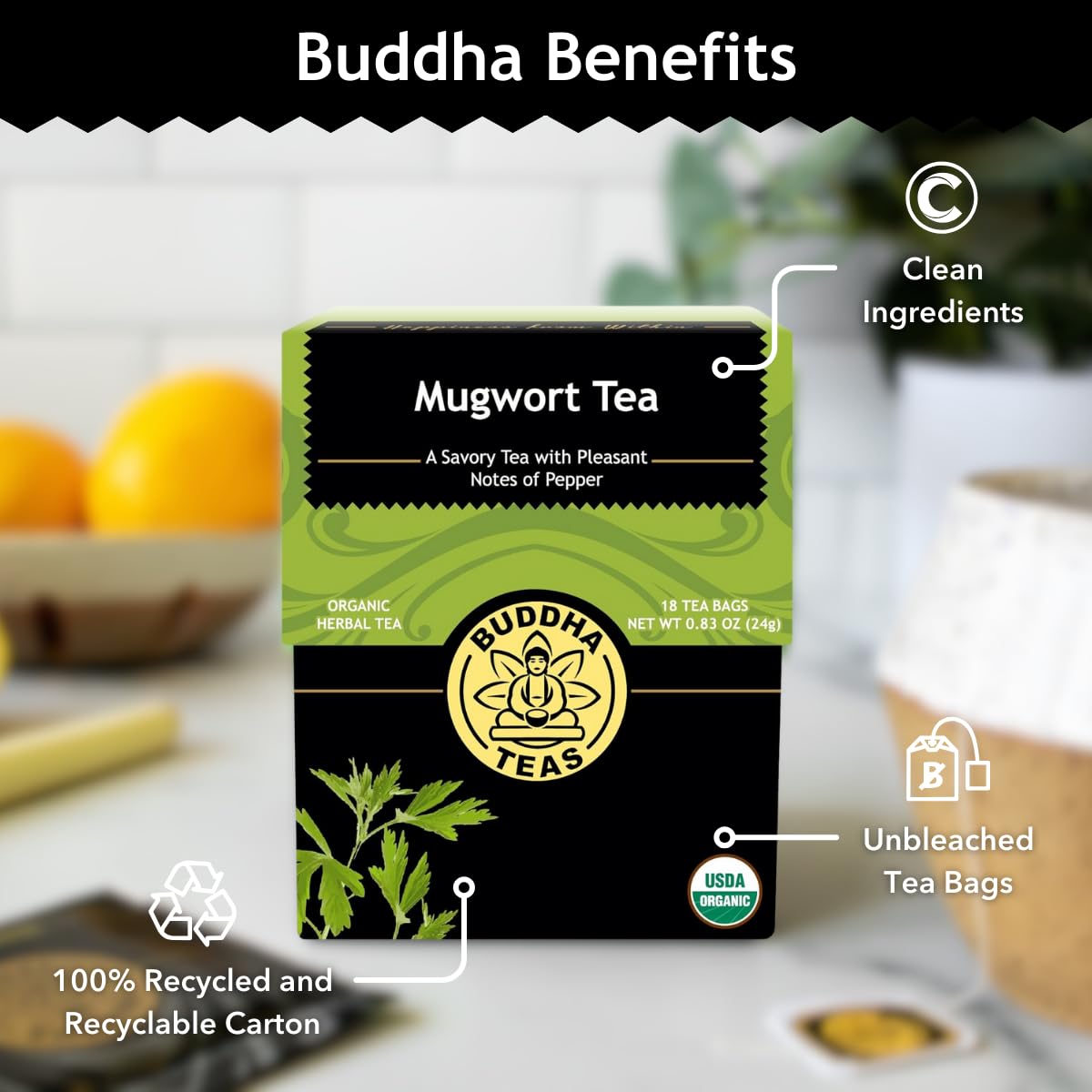 Buddha Teas Organic Mugwort Tea - OU Kosher, USDA Organic, CCOF Organic, 18 Bleach-Free Tea Bag : CDs & Vinyl