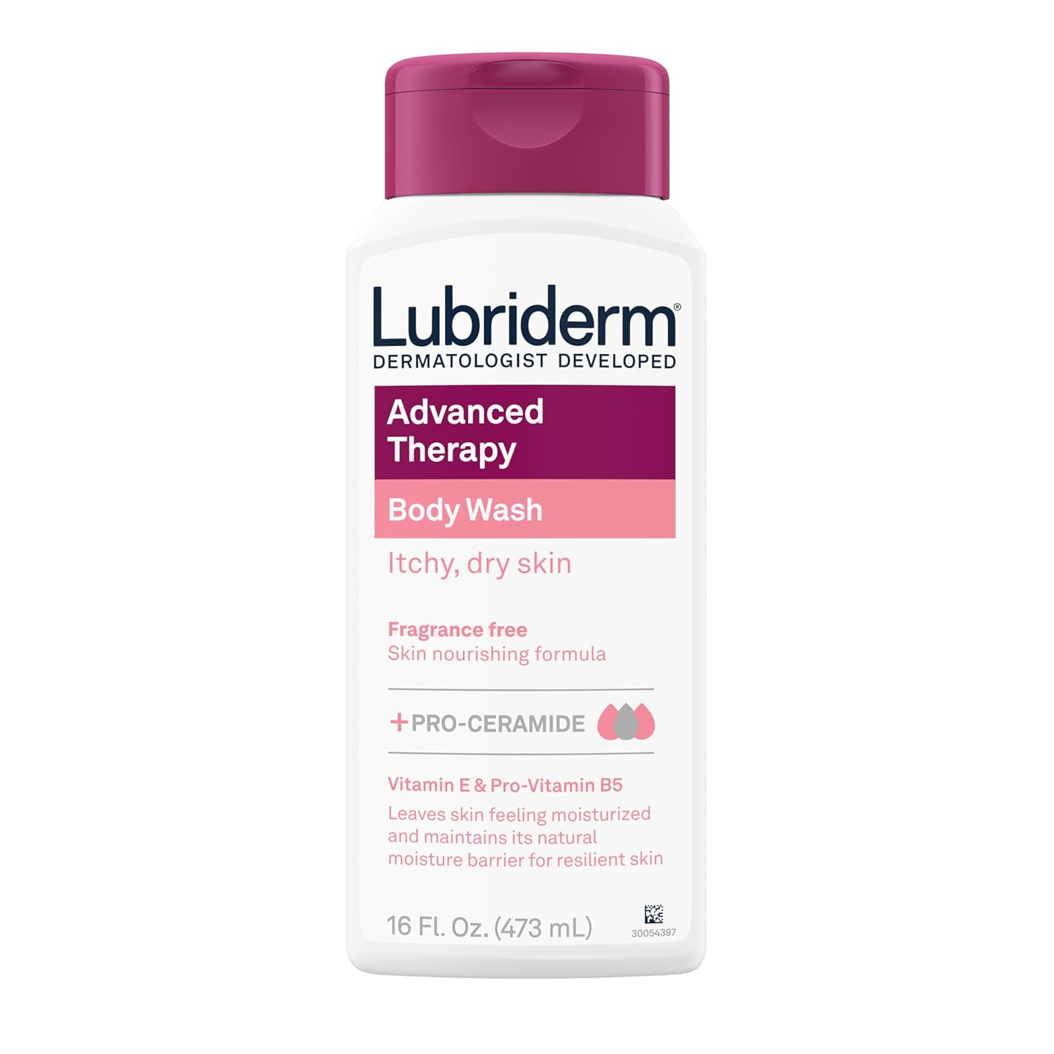 Lubriderm Advanced Therapy Body Wash, Unscented Nourishing Cleanser With Pro-Ceramide, Vitamin E & Pro-Vitamin B5 Gently Cleanses Itchy, Dry Skin, Fragrance Free, Hypoallergenic, 16 Fl. Oz