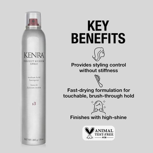 Kenra Perfect Medium Spray 13 80% | Provides Styling Control Without Stiffness | Medium Hold | Fast-Drying Formulation | High Shine Finish | All Hair Types | Travel 1.5 oz