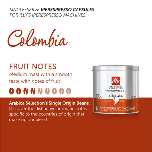 Illy Coffee Iperespresso Capsules - Single-Serve Coffee Capsules & Pods - Single Origin Coffee Pods – Colombia Medium Roast With Notes Of Fruit - For Iperespresso Capsule Machines – 21 Count