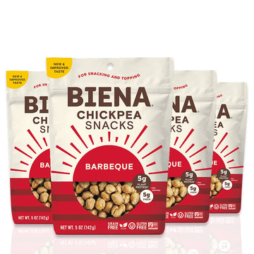 Biena Crispy Roasted Chickpea Snacks, Barbecue, High Protein Snacks, High Fiber Snacks, Gluten Free, Plant-Based, Non-GMO, Healthy Snacks for Adults and Kids, 4-Pack 5 Ounce Bags