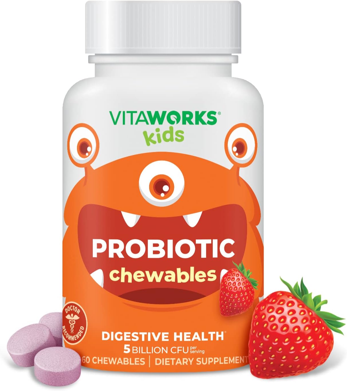 Kids Probiotic 5 Billion CFU Acidophilus Blend with Prebiotic Fiber Chewable Tablets - Berry Flavor - Vegan - Nut Free - Dietary Supplement - Probiotics for Digestive Health - 60 Chewables