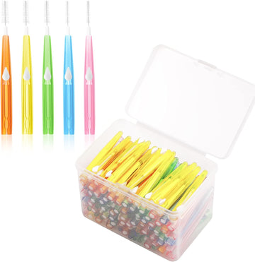 Annhua Interdental Brushes 100 Pcs, Dental Brushes Push-Pull, Dental Floss Brushes with Storage Case (Orange, Yellow, Pink, Green, Blue)