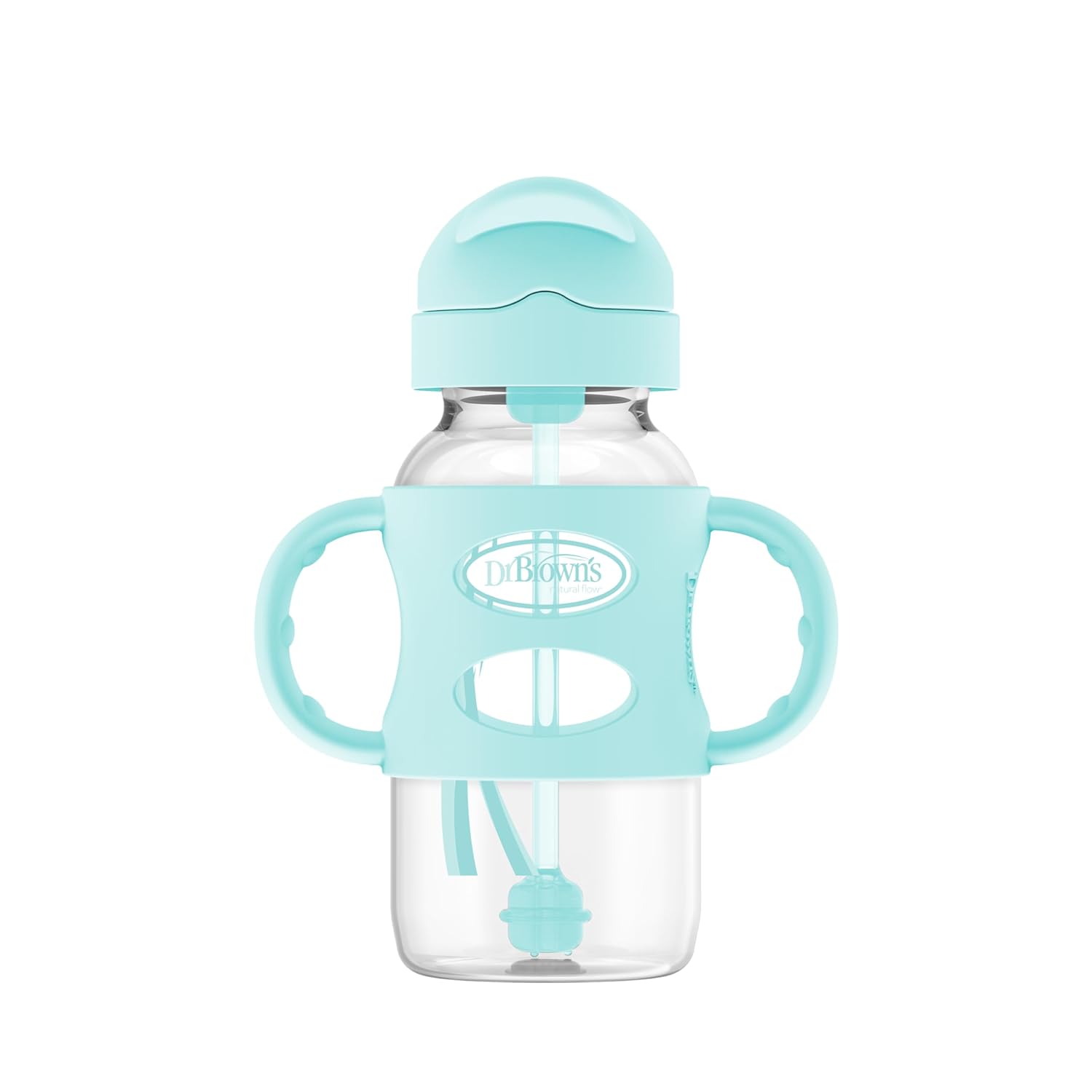 Dr. Brown'S Milestones Wide-Neck Sippy Straw Bottle With 100% Silicone Handles And Weighted Straw, 9 Oz/270 Ml, Green, 6M+