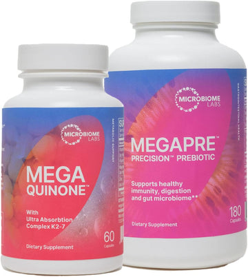 Microbiome Labs Megapre Prebiotic To Support Digestion & Gut Barrier (180 Capsules) + Megaquinone K2-7 Complete Vitamin K Supplement With Magnesium, Zinc (60 Capsules) - 2 Product Bundle