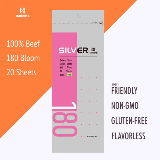 Haodong Beef Silver Leaf Gelatin Sheets - 180 Bloom (20 Sheets, 50G) - Gelatin Leaves For Baking And Cooking Mirror Glaze Dessert Jellies Mousse Cake