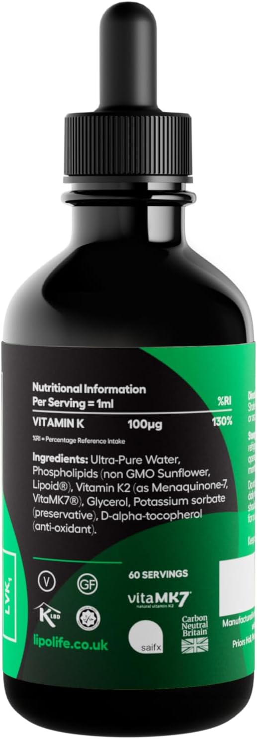 Lipolife Liposomal Vitamin K2 (Mk-7: Menaquinone 7, A Form Of K2) Lvk1 Vegan Friendly, Unflavoured And Unsweetened 60 Servings (Supports Cardiovascular And Bone Health)