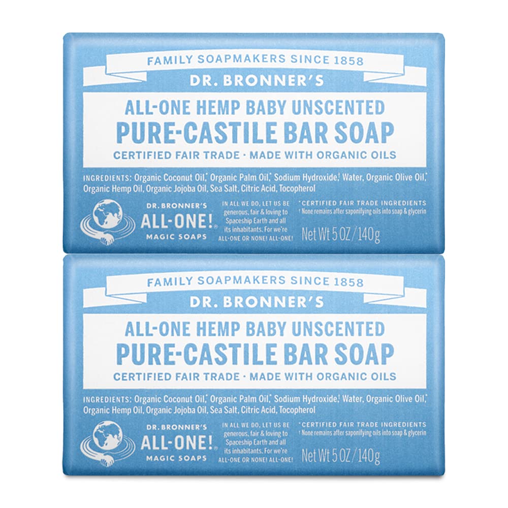 Dr. Bronner's - Pure-Castile Bar Soap (Baby Unscented, 5 ounce, 2-pack) - Made with Organic Oils, For Face, Body, Hair, Gentle for Sensitive Skin, Babies, No Added Fragrance, Biodegradable, Vegan