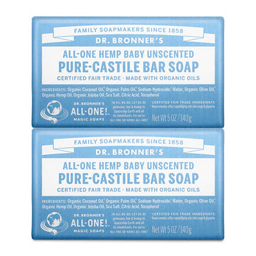 Dr. Bronner's - Pure-Castile Bar Soap (Baby Unscented, 5 ounce, 2-pack) - Made with Organic Oils, For Face, Body, Hair, Gentle for Sensitive Skin, Babies, No Added Fragrance, Biodegradable, Vegan