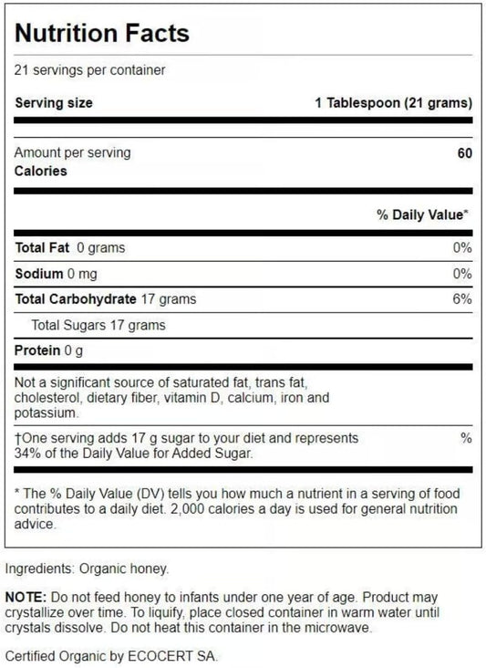 Swanson Certified Organic Raw Wildflower Honey 16 Ounce (1 Lb) (454 G) Liquid