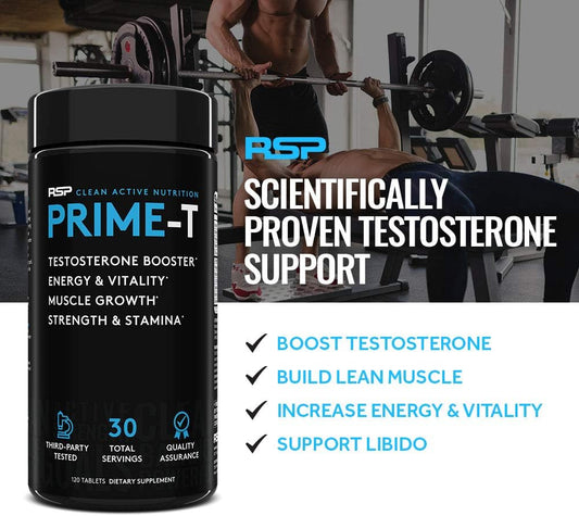 RSP Testosterone Booster for Men, Prime T (120 Caps) Natural Test Booster Pills, Increase Free Testosterone, Lean Muscle Growth, Strength, Stamina & Healthy Sleep, 30 Serv (Packaging May Vary)