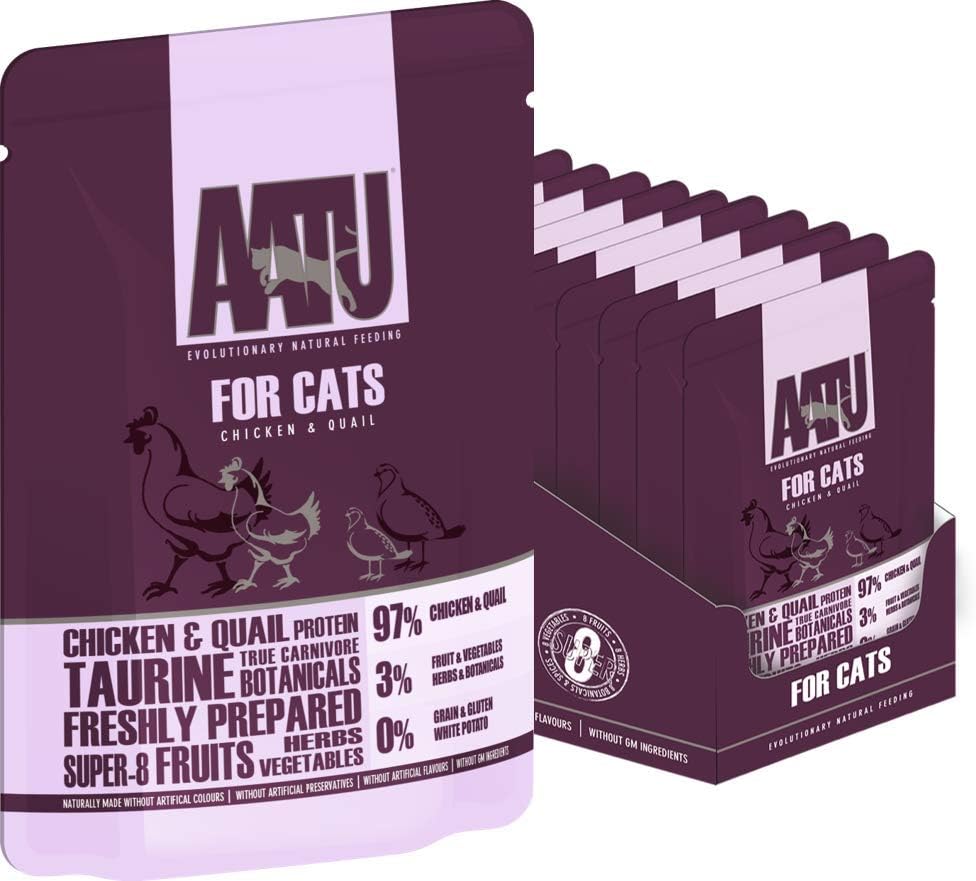 AATU 97/3 Wet Cat Food - Chicken & Quail (10x85g) - Grain Free Recipe with No Artificial Ingredients - Easy Tear Pouches :Pet Supplies