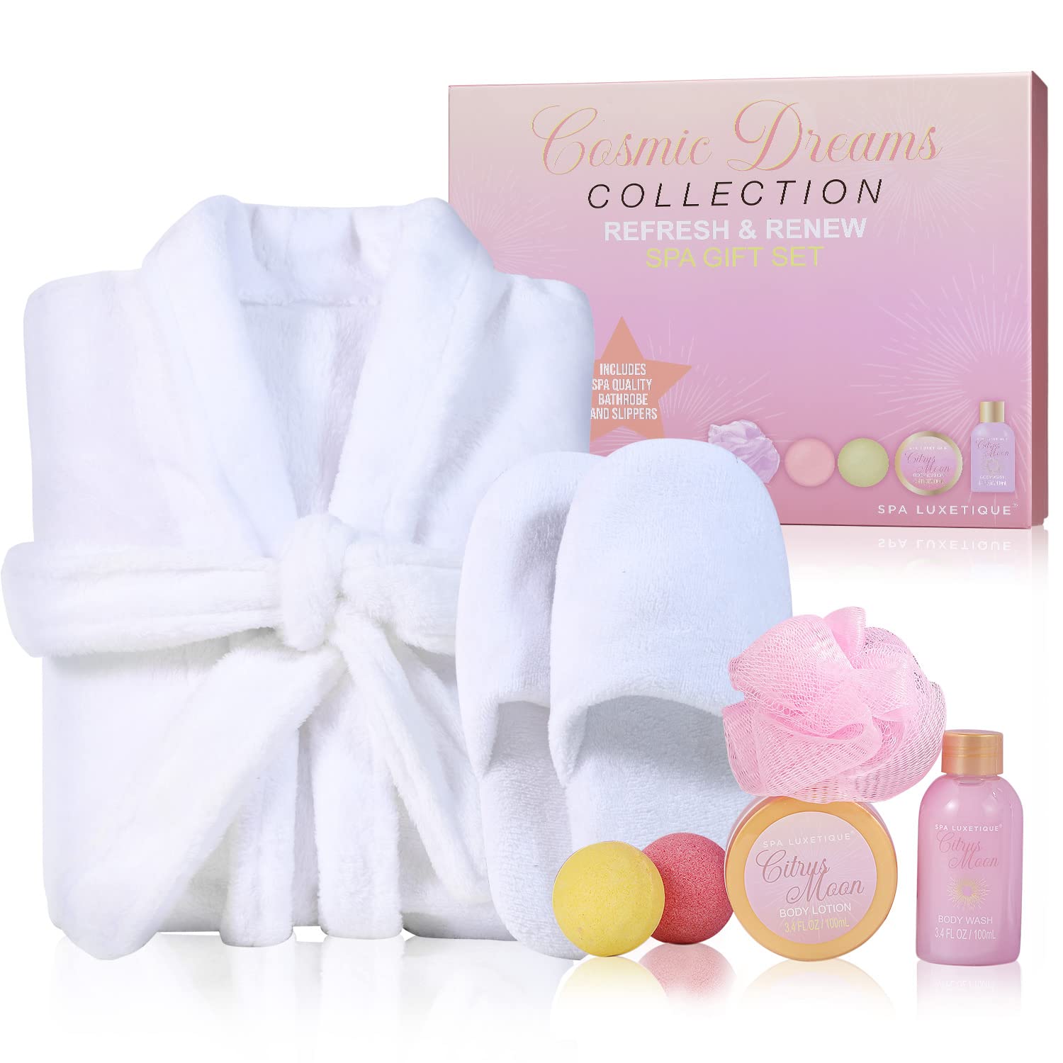 Spa Luxetique Robe And Slippers Spa Set Women, Christmas Gifts, 6Pcs Flannel Soft Bath Robe, Bath And Body Works Bath Sets With Slippers, Body Lotion, Bath Bombs, Robe Sets For Women
