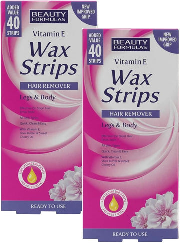 Beauty Formulas Vitamin E Cold Wax Strips 40S – Pack Of 2 (80 Strips Total) – Hair Remover For Legs & Body