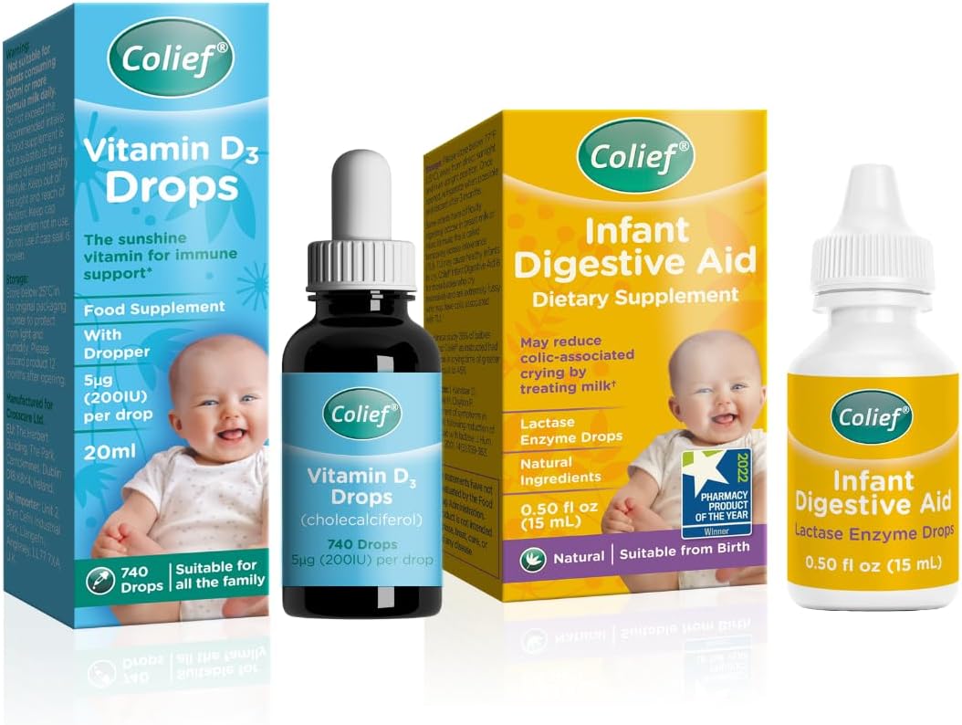 Colief Infant Digestive Aid Vitamin D3 Drops | Gas Drops For Babies | Suitable From Birth | Reduces Baby Colic, Tummy Bloating, Fussing & Crying | 90 Servings | 0.5 Fl Oz & 0.67 Fl Oz