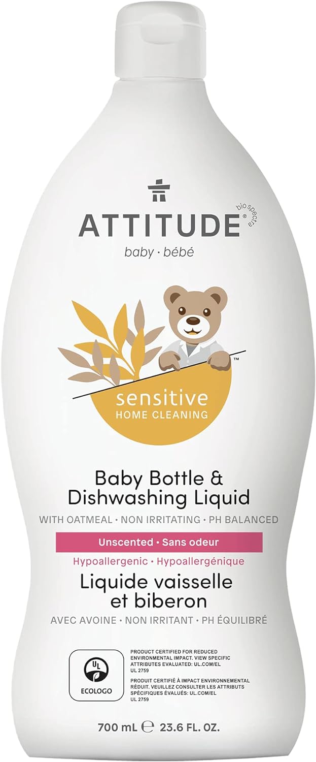 Attitude Baby Dish Soap For Sensitive Skin With Oatmeal, Plant And Mineral-Based Ingredients, Vegan Household Products, Unscented, 23.6 Fl Oz