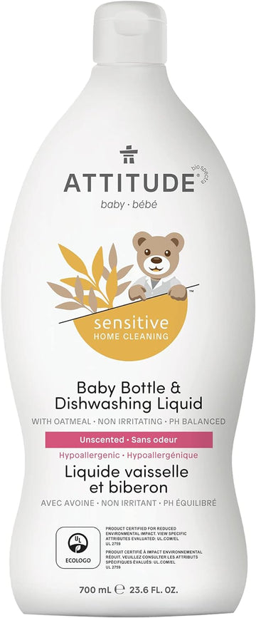 Attitude Baby Dish Soap For Sensitive Skin With Oatmeal, Plant And Mineral-Based Ingredients, Vegan Household Products, Unscented, 23.6 Fl Oz