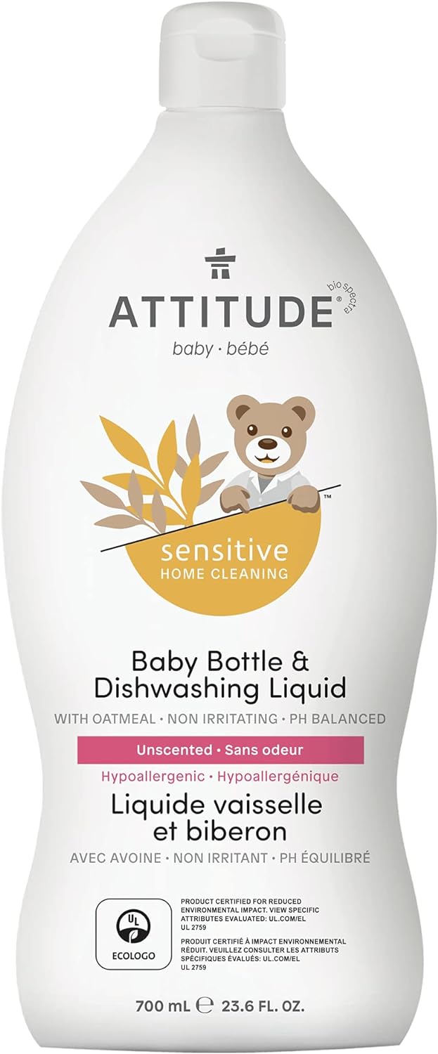 Attitude Sensitive Skin, Hypoallergenic Baby Bottle & Dishwashing Liquid, Fragrance Free, 23.6 Fluid Ounce (60318)