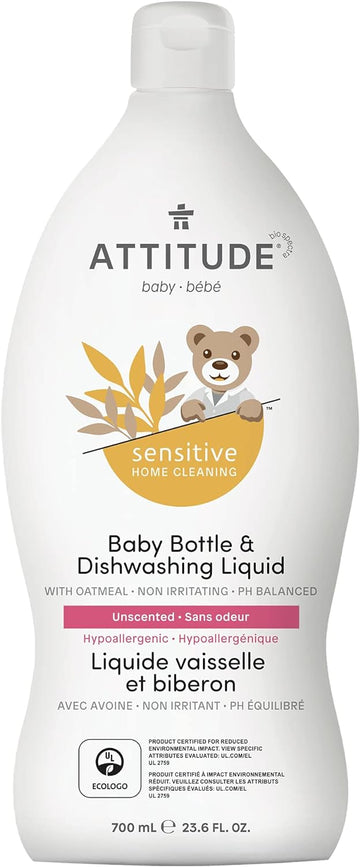 Attitude Sensitive Skin, Hypoallergenic Baby Bottle & Dishwashing Liquid, Fragrance Free, 23.6 Fluid Ounce (60318)