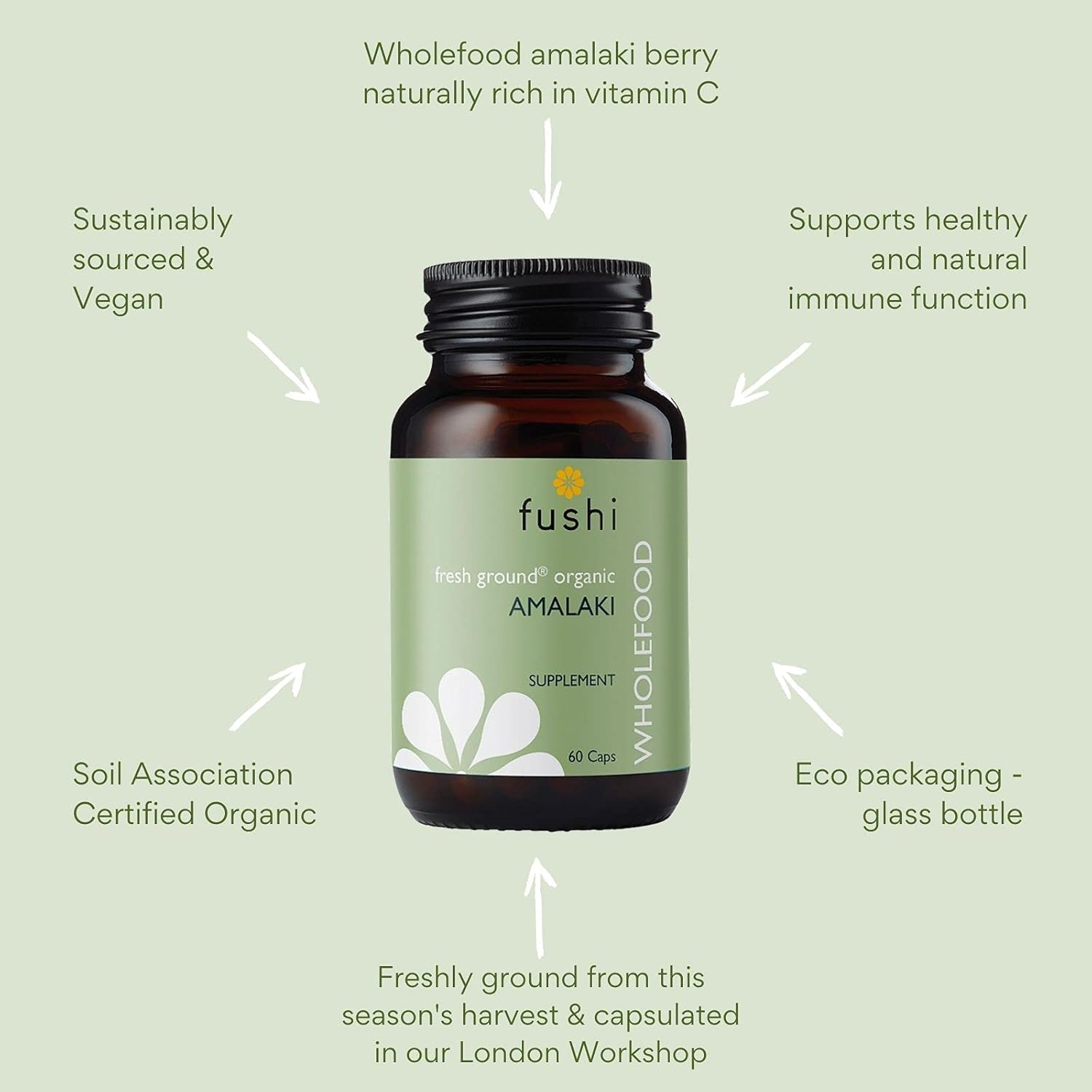 Fushi Organic Amalaki Capsules, 60 Caps | Fresh-Ground & Whole Food | Rich In Vitamin C | Natural Anti-Inflammatory, Detoxifies The Body | Bio-Dynamically Grown, Cold Processed, Vegan |Made In The Uk