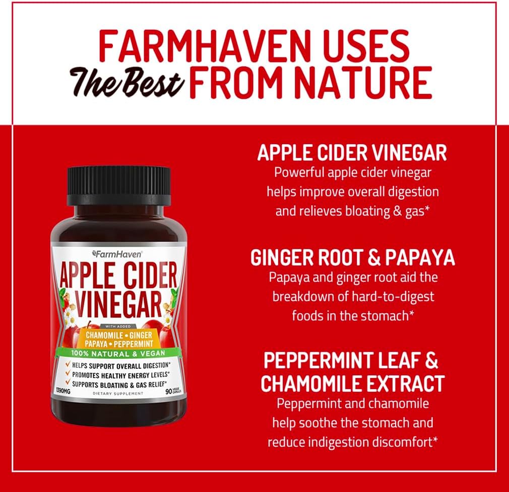 Apple Cider Vinegar Capsules With Ginger, Papaya & Chamomile | 1390Mg | Supports Digestion, Immunity | Like With Mother | Non-Gmo & 100% Natural | 180 Capsules : Health & Household