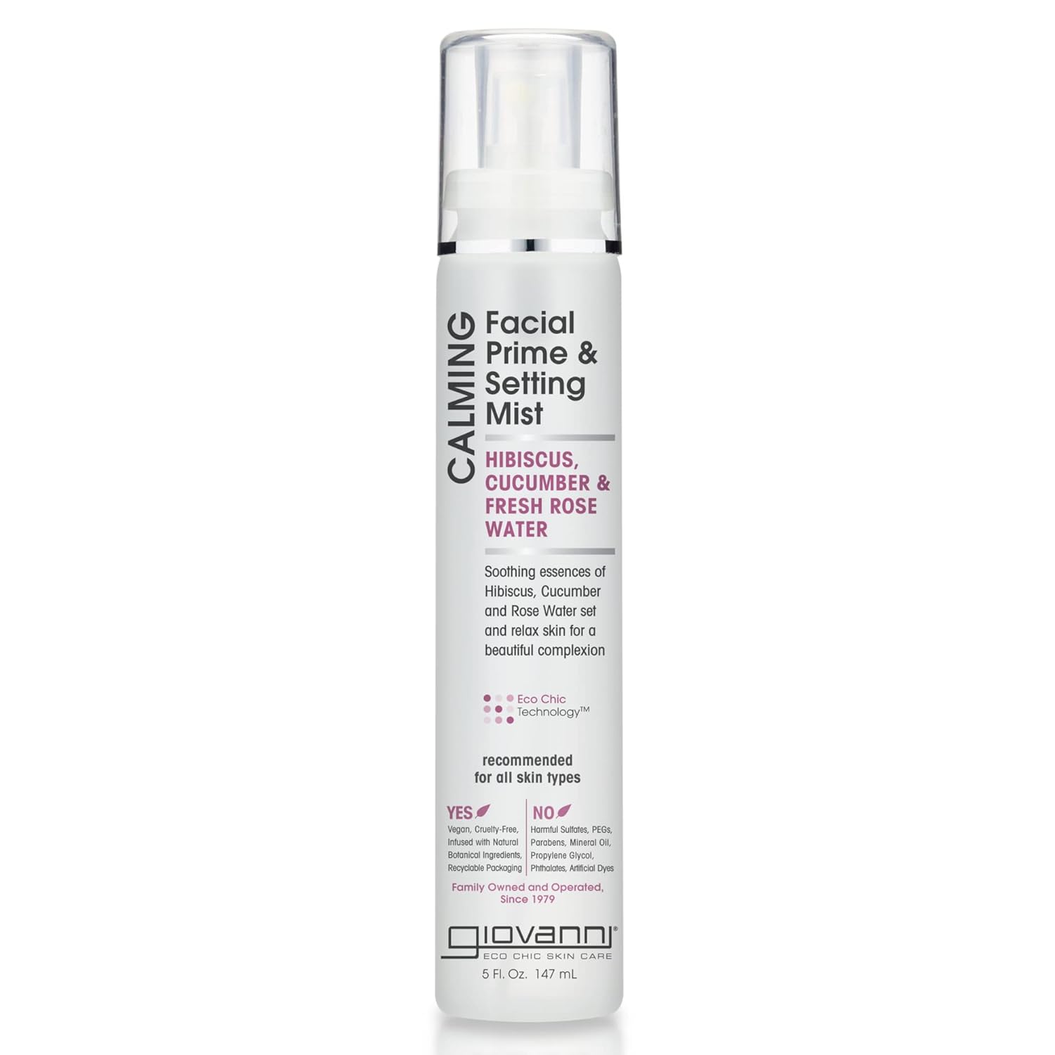 Giovanni Calming Facial Prime Setting Mist - Hibiscus, Cucumber & Fresh Rose Water, Set & Relax Skin For A Beautiful Complexion, On The Go Hydration, Use Before & After Applying Makeup - 5 Fl Oz