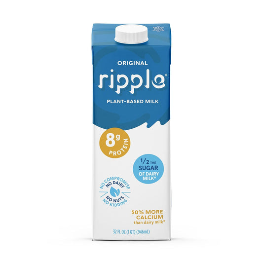 Ripple Non-Dairy Milk, Original| Vegan Milk With 8G Pea Protein| Shelf Stable Single Serve Cartons | On-The-Go | Non-Gmo, Plant Based, Gluten Free | 32 Oz, Pack Of 6