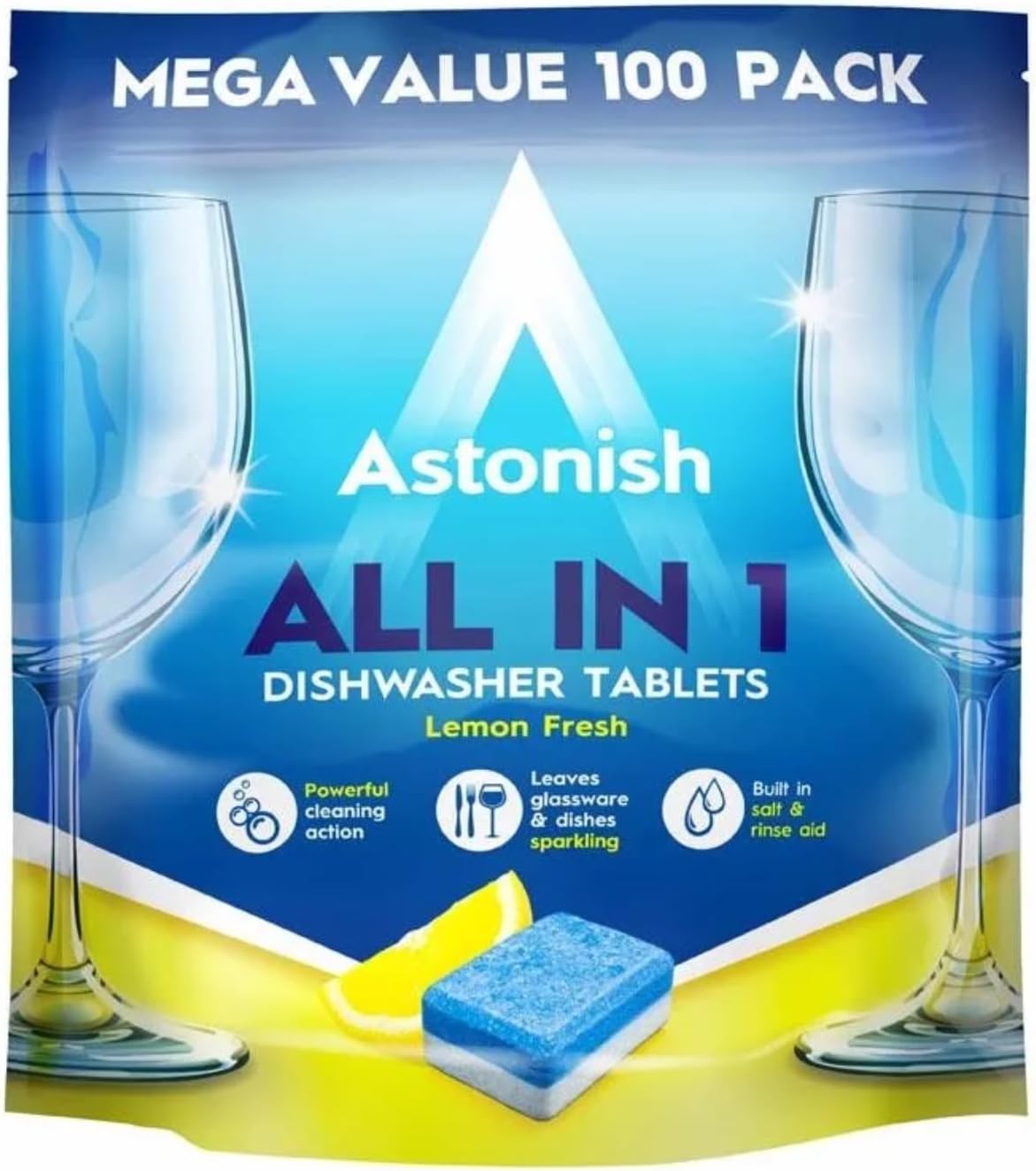 Astonish All In 1 Dishwasher Tablets - Household Cleaner Removes Grease, Grime, & Surface Stains - Dishwasher Soap with Salt & Rinse Aid, Cruelty Free Dishwasher Detergent, Lemon Fresh, 100 Pack