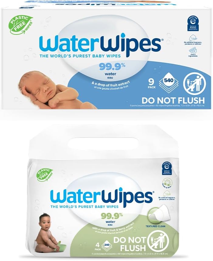 Waterwipes Bundle, Original 540 Count (9 Packs) & Textured Clean Wipes 240 Count (4 Packs), Plastic-Free, 99.9% Water Based Wipes, Unscented, Hypoallergenic For Sensitive Skin, Packaging May Vary